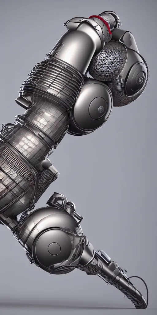 Prompt: insanely detailed product rendering of a vintage dyson vacuum cleaner, corrugated hose, chrome body, in the colors of Audrey kawasaki and style of jeff koons, unreal engine 5, nanite, quixel mixer, trending on behance, corporate 3d