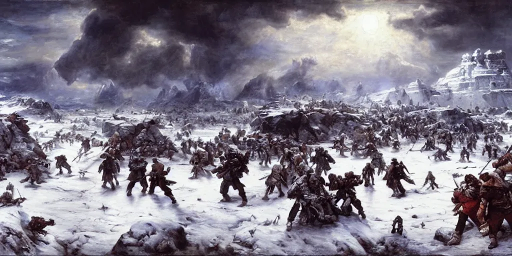 Prompt: the battle of hoth painted by jan matejko. oil on canvas, sharp focus, cinematic atmosphere, detailed and intricate, perfect anatomy, detailed and intricate environment and characters