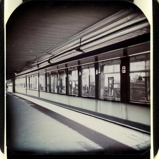 Image similar to polaroid photo of a retrofuturistic train station