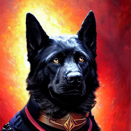 Prompt: a portrait of a black german shepard dogman canine star trek captain red shirt. highly detailed painting by gaston bussiere craig mullins jc