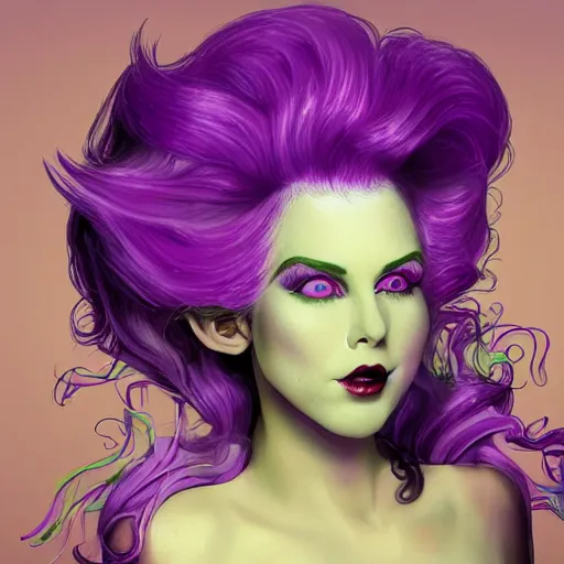 Prompt: Glam hair, rococo, 80s hair, Elf with purple skin, androgynous man, feminine man, alien skin, purple elf, purple, purple-skinned elf, yellow hair, hairspray, big hair, wild hair, glam make-up, 80s, illustration, fantasy art, trending on ArtStation, 1980s fantasy art