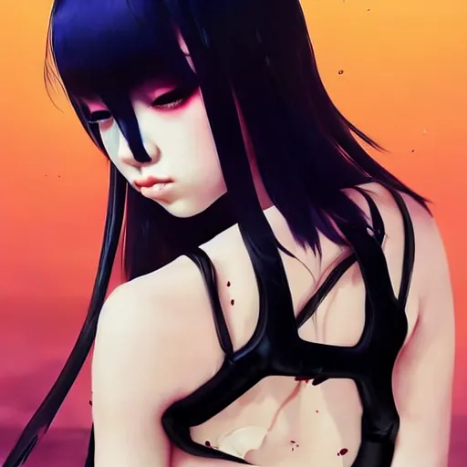 Image similar to a beautiful young japanese billie eilish hitomi tanaka alluring instagram model in elaborate latex tank top, jrpg tank top made from latex demon faces, by guweiz and wlop and ilya kuvshinov and artgerm and, aesthetic, gorgeous, stunning, alluring, attractive, artstation, deviantart, pinterest, digital art