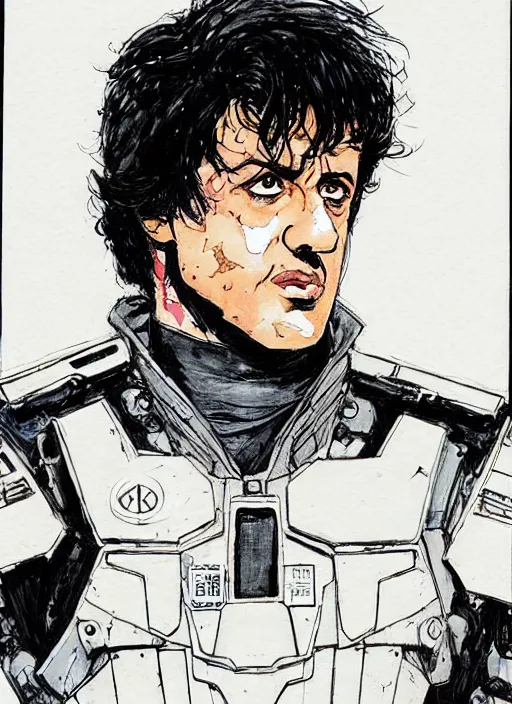 Image similar to sylvester stallone in gundam armor by kaethe butcher and moebius, details