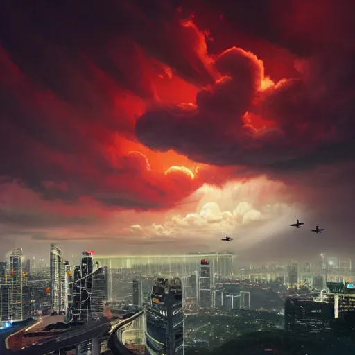 Image similar to Singapore city with a lion-shaped cloud in the sky and a squadron of chinooks flying in the sky, by greg rutkowski, red and white lighting, digital art, ultra realistic, ultra detailed, photorealistic, 4k, character concept