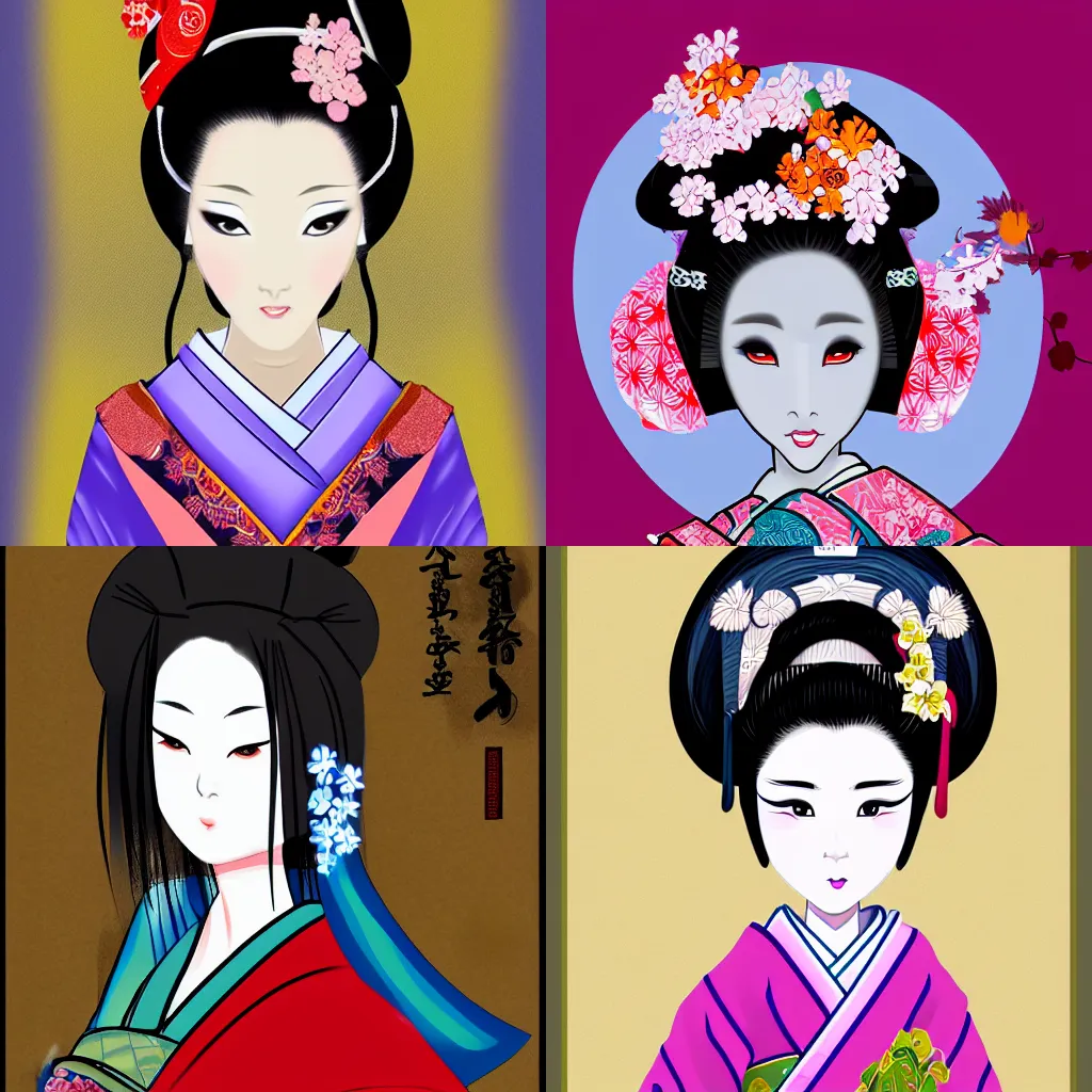 Prompt: digital painting of beautiful geisha in the style of wabori