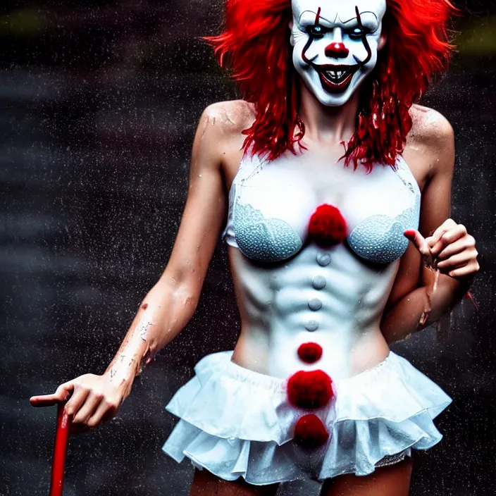 Image similar to fully body pose, photo of a very beautiful!! victoria secret model, pennywise, wet hair, raining, 8 k, hdr, smooth, sharp focus, high resolution, award - winning photo, trending on artstation, dslr, 5 0 mm