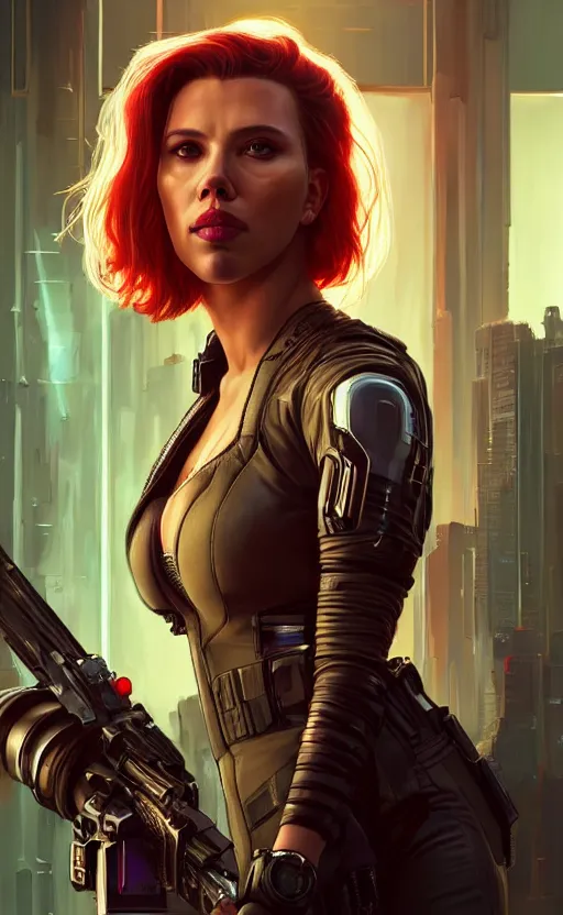 Prompt: portrait of scarlett johansonn as a character in arabian Cyberpunk 2077, looking at camera, intricate, dystopian, sci-fi, extremely detailed, digital painting, artstation, concept art, smooth, sharp focus, illustration, intimidating lighting, incredible art by artgerm and greg rutkowski and alphonse mucha and simon stalenhag