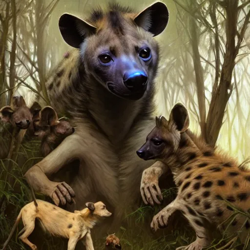 Prompt: photo of a hyena with a woman's head feeds puppies in the forest, highly detailed, digital painting, artstation, smooth, sharp focus, illustration, art by artgerm and greg rutkowski and alphonse mucha