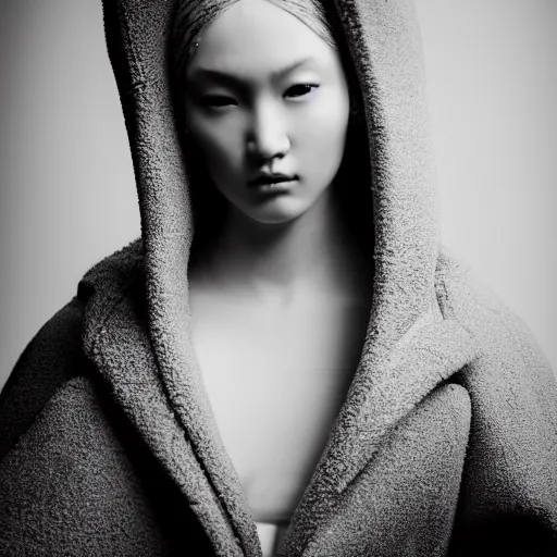 Image similar to well lit fashion shoot portrait of extremely beautiful female marble statue wearing huge over size puffer jacket by dingyun zhang, yeezy, balenciaga, vetements, a cold wall, sharp focus, clear, detailed,, cinematic, detailed, off white, glamourous, symmetrical, vogue, editorial, fashion, magazine shoot, glossy