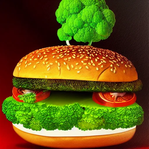 Prompt: a dancing persian cat and a multilayer vegetarian broccoli burger, highly detailed, digital painting, sharp focus, fantasy art