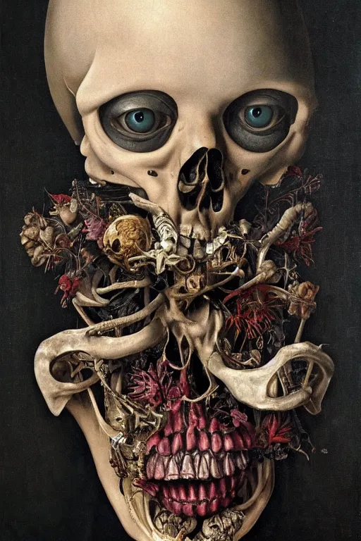 Image similar to Detailed maximalist portrait with large lips and with large, wide eyes, sad expression, extra bones, flesh, HD mixed media, 3D collage, highly detailed and intricate, surreal, illustration in the style of Caravaggio, dark art, baroque