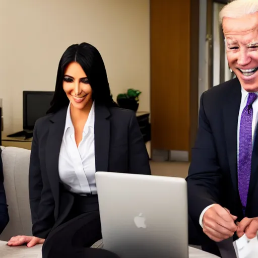 Image similar to stock photo of kim kardashian, and joe biden wearing suits and ties laughing in an office building, 8k resolution, full HD, cinematic lighting, award winning, anatomically correct