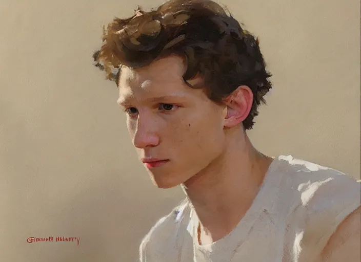 Image similar to a highly detailed beautiful portrait of tom holland, by gregory manchess, james gurney, james jean