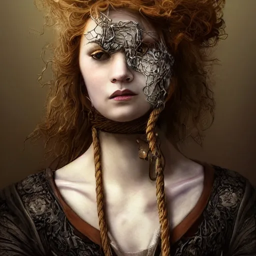 Image similar to portrait of a Shibari rope wrapped face and neck, headshot, insanely nice professional hair style, dramatic hair color, digital painting, of a old 13th century, traveler, amber jewels, baroque, ornate clothing, scifi, realistic, hyperdetailed, chiaroscuro, concept art, art by Franz Hals and Jon Foster and Ayami Kojima and Amano and Karol Bak,