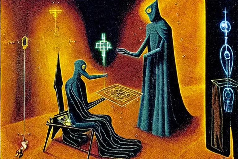 Image similar to a tarot card intricate of a cybernetic technomancer wizard consulting his AI by Remedios Varo