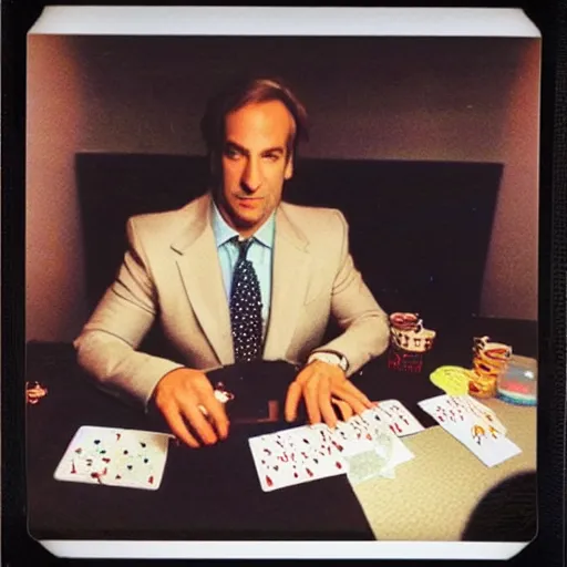 Image similar to 80s Polaroid flash photo, Saul Goodman playing poker with the taliban