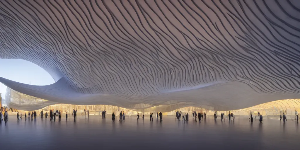 Image similar to extremely detailed awe stunning beautiful futuristic smooth curvilinear elegant museum interior by zaha hadid, translucent gills, stunning volumetric light, stainless steel, concrete, translucent material, beautiful sunset, hyper real, 8k, colorful, 3D cinematic volumetric light, atmospheric light