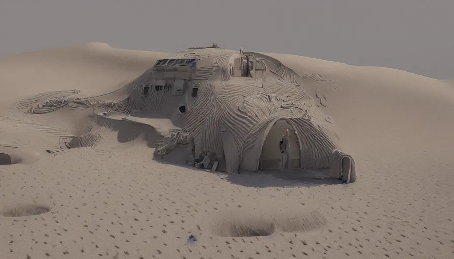 Image similar to white house buried under sand dunes, heat wave, hyperdetailed, artstation, cgsociety, 8 k