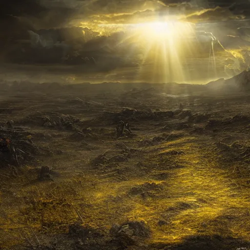 Prompt: Sickly yellow light breaking through the clouds shining down upon a desolate battlefield, fantasy, matte painting, 8k resolution, high detail, masterpiece, dark atmosphere