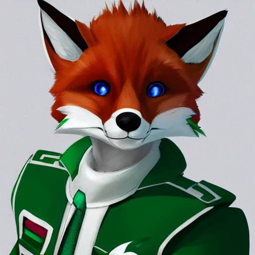 Image similar to a portrait of fox mccloud from starfox wearing a white and green space cadet uniform, handsome eyes, artstation, concept art, furry furaffinity, fox mccloud
