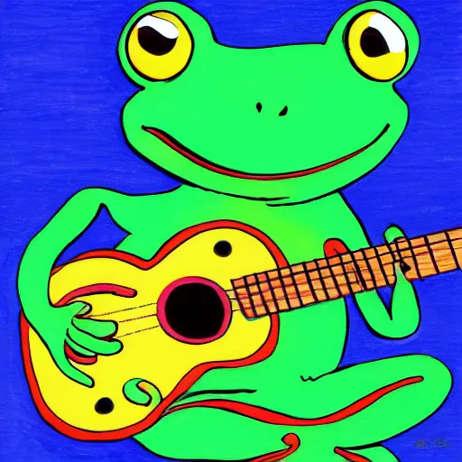 Image similar to frog playing on guitar, blue background, photorealistic