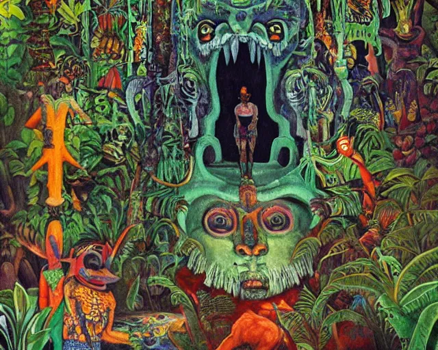 Image similar to surreal colorful nightmarish garden las pozas, mayan jaguar warrior, artwork by ralph bakshi and diego rivera