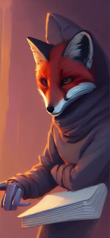 Image similar to a concept art of anthropomorphic fox in a hoodie hacking a notebook, artstation, digital art, oc commission, style by jordan grimmer and greg rutkowski