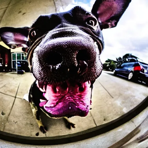 Image similar to fisheye lens photo of the world's ugliest dog