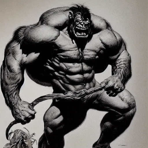 Prompt: hairy, thick muscled, overbearing, hungry, menacing, giant painted by bernie wrightson, boris vallejo, frazetta
