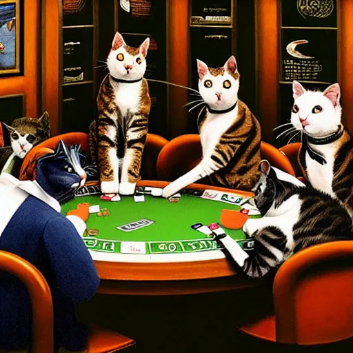 Prompt: cats playing poker at the cigar club, award winning national geographic