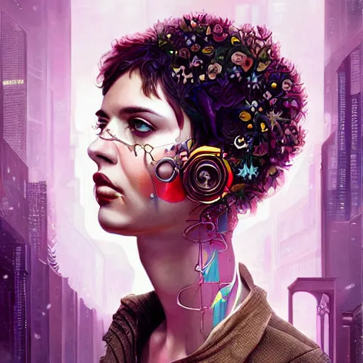 Image similar to Lofi cyberpunk portrait beautiful woman with short brown curly hair, roman face, phoenix, rainbow, floral, Tristan Eaton, Stanley Artgerm, Tom Bagshaw