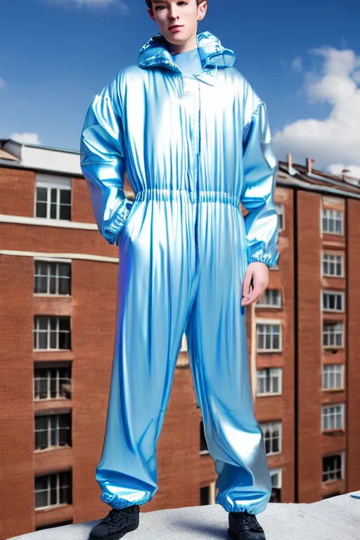 Image similar to un ultra high definition studio quality photographic art portrait of a young man standing on the rooftop of a british apartment building wearing soft baggy inflatable padded iridescent pearlescent jumpsuit. three point light. extremely detailed. golden ratio, ray tracing, volumetric light, shallow depth of field. set dressed.