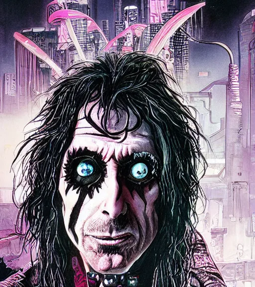 Prompt: a cyberpunk Alice Cooper detailed illustration, character portrait, by Martin Grip and Moebius