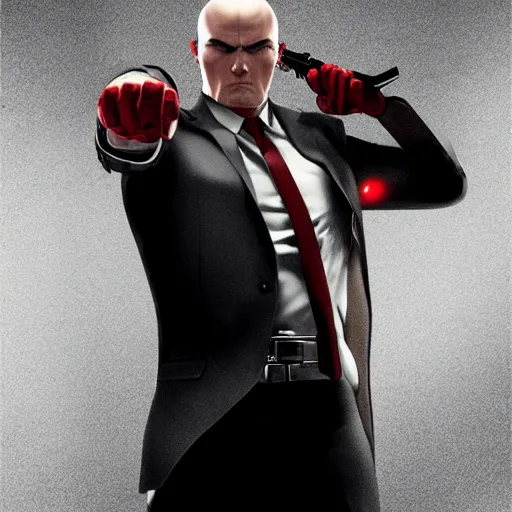 Image similar to a portrait of agent 4 7 from hitman wearing large headphones while pointing a silenced silver handgun, dark background, red rim light, smooth, sharp focus, art by irina french