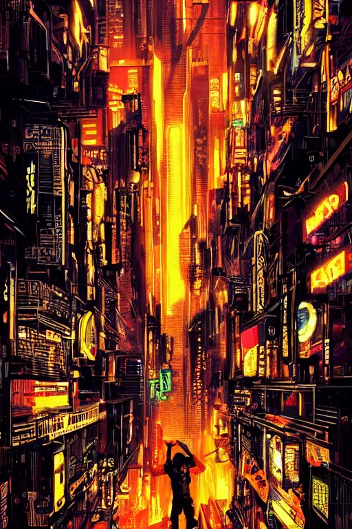 Image similar to movie poster for randypunk, intricate cyberpunk city, orange overlooking city, street gang, dramatic lighting, epic composition, bladerunner, tatsuki fujimoto