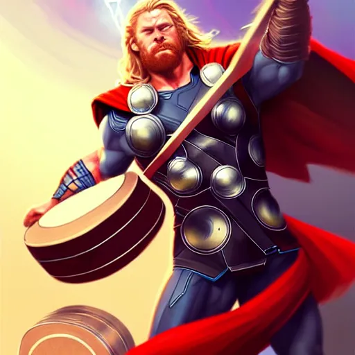 Image similar to thor playing the bongos, comic style by guweiz and stanley artgerm, extremely high quality artwork, very detailed, trending on artstation