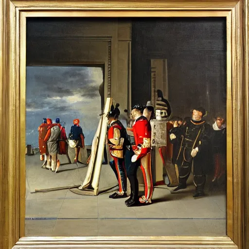 Prompt: the changing of the guard but with technicians, oil painting