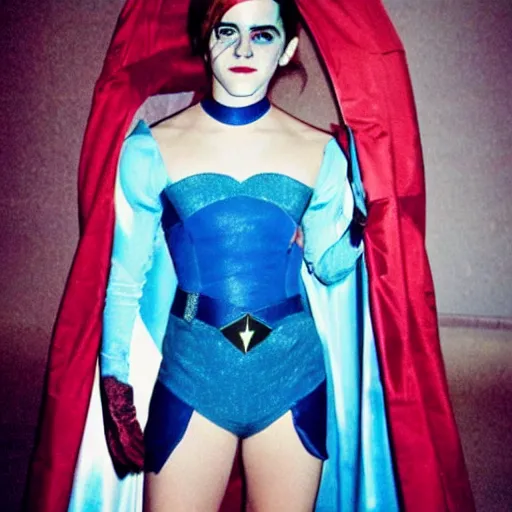 Image similar to emma watson, superhero halloween costume, award winning, kodak ektachrome expired blue tint,