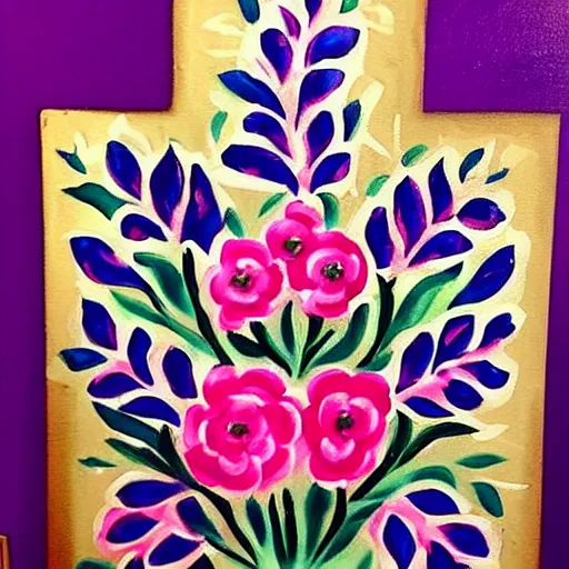 Prompt: sign with pink flowers painted on it that says'shabbat shalom ', beautiful painting, intricate, blue, purple