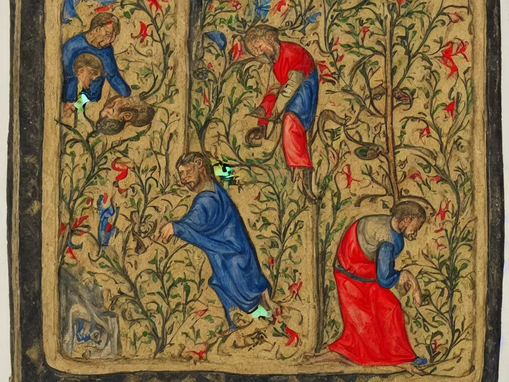 Image similar to man getting out of his grave. book of hours painting.