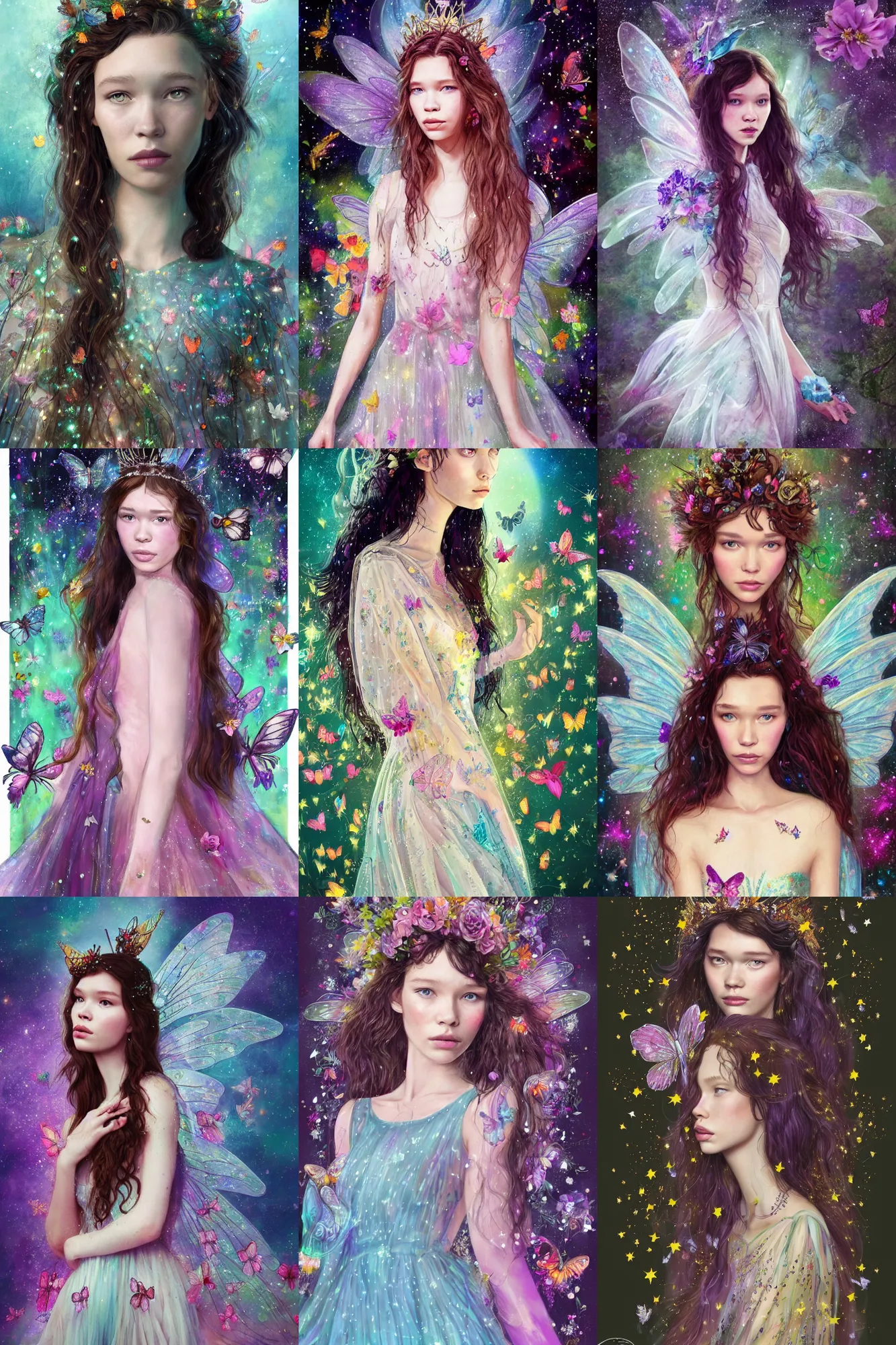 Prompt: astrid berges frisbey as a fairy princess. she is facing the camera. full body portrait. digital illustration. wearing a dress made out of stars. flowers and butterflies surround her. trending on art station, low detail, fluid, dreamy, vivid colours.