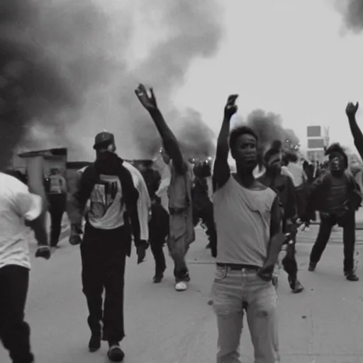 Image similar to film still, black rioters, in Los Angeles 1992 Riots