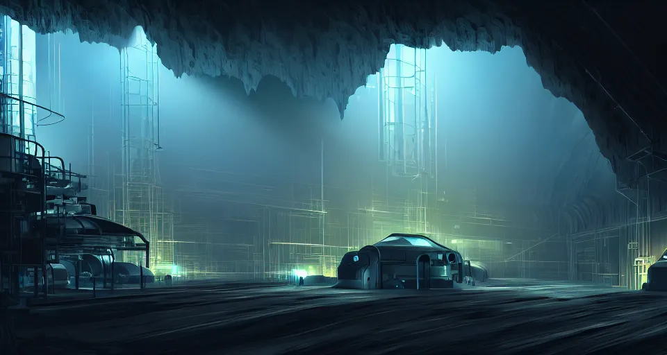 Prompt: futuristic factory in a dark cave, intricate, highly detailed, digital painting, volumetric light, artstation, concept art, sharp focus