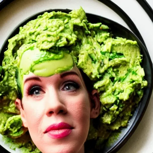 Image similar to molly ringwald face on a pile of guacamole