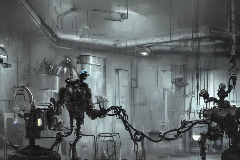 Image similar to blender gloomy colossal ruined server room in datacenter robot figure automata headless drone robot knight welder posing pacing fixing soldering mono sharp focus, emitting diodes, smoke, artillery, sparks, racks, system unit, motherboard, by pascal blanche rutkowski artstation hyperrealism cinematic dramatic painting concept art of detailed character design matte painting