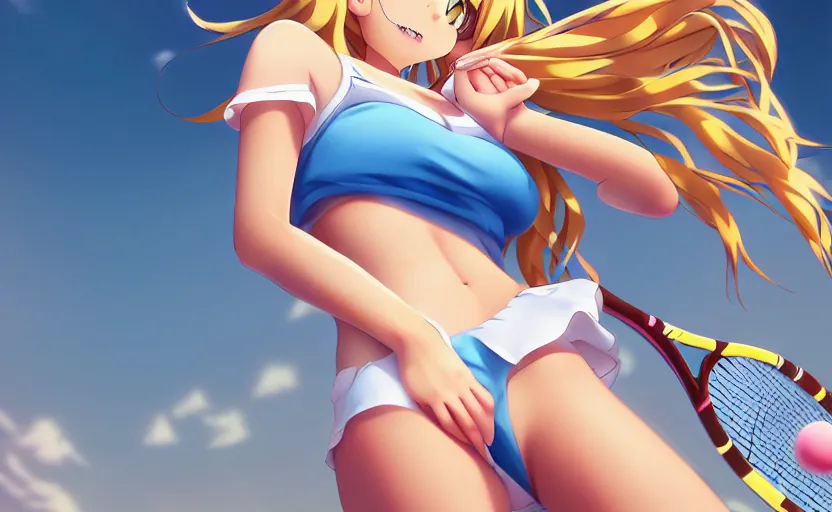 Image similar to a very beautiful young anime tennis girl, full body, long wavy blond hair, sky blue eyes, ( ( ( full round face ) ) ), short smile, bikini, miniskirt, front view, mid - shot, highly detailed, cinematic wallpaper by stanley artgerm lau