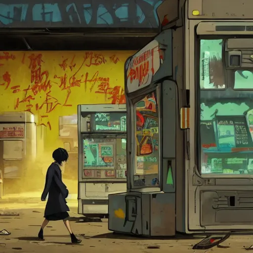 Image similar to incredible wide screenshot, ultrawide, simple watercolor, rough paper texture, ghost in the shell movie scene, backlit distant shot of girl in a parka running from a giant robot invasion side view, yellow parasol in deserted dusty shinjuku junk town, broken vending machines, bold graphic graffiti, old pawn shop, bright sun bleached ground, mud, fog, dust, windy, scary robot monster lurks in the background, ghost mask, teeth, animatronic, black smoke, pale beige sky, junk tv, texture, brown mud, dust, tangled overhead wires, telephone pole, dusty, dry, pencil marks, genius party,shinjuku, koji morimoto, katsuya terada, masamune shirow, tatsuyuki tanaka hd, 4k, remaster, dynamic camera angle, deep 3 point perspective, fish eye, dynamic scene