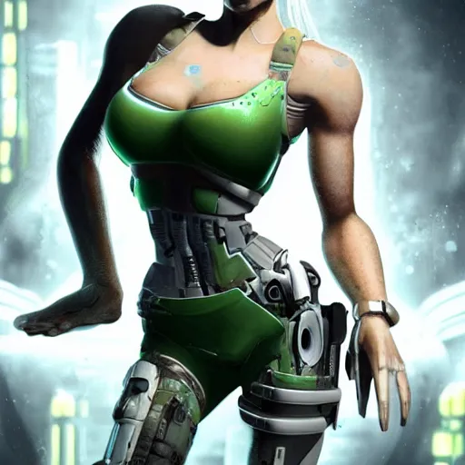 Image similar to Cyborg Lara Croft with white hair, green eyes, exploring futuristic base, Deus Ex elegant clothes, illuminated by surrounding lights, high quality, highly detailed