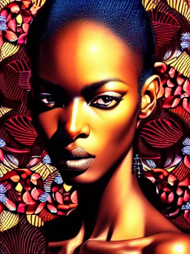 Prompt: a portrait of african supermodel with a floral background by karol bak, artgerm, moebius, yoji shinkawa : : portrait, illustration, photorealism, hyperrealism