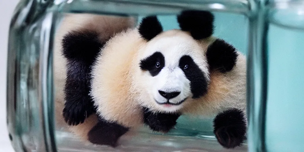 Prompt: a cute panda inside the jar